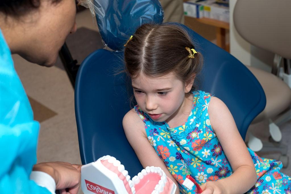 A child dental patient practices brushing on a model of teeth